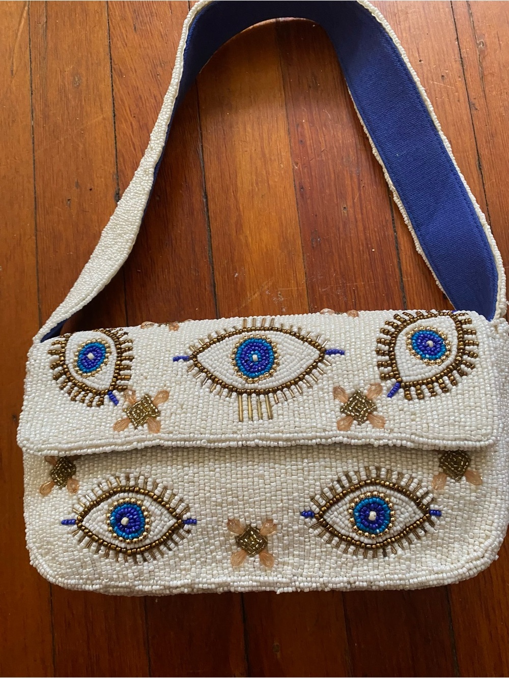 America & Beyond Beaded Evil Eye Shoulder Bag - Cream and Blue